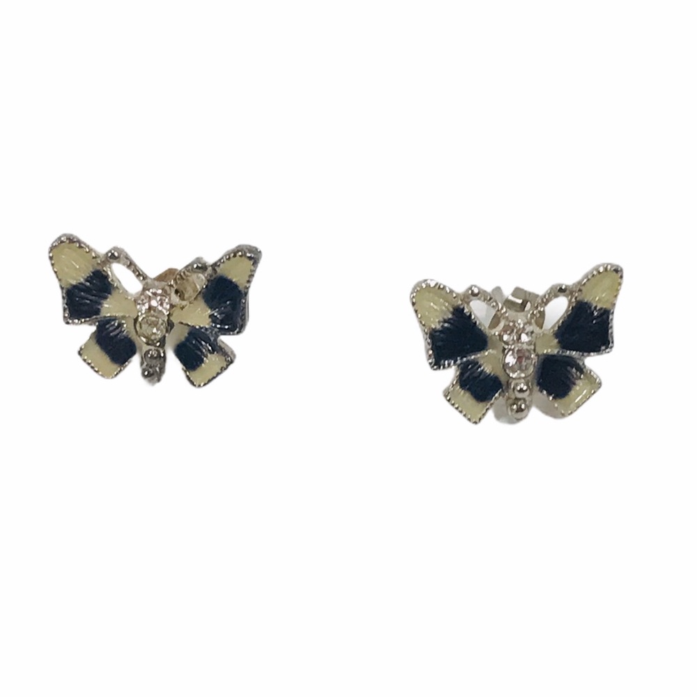 Butterfly Earrings, Cream, Black, Silver Tone